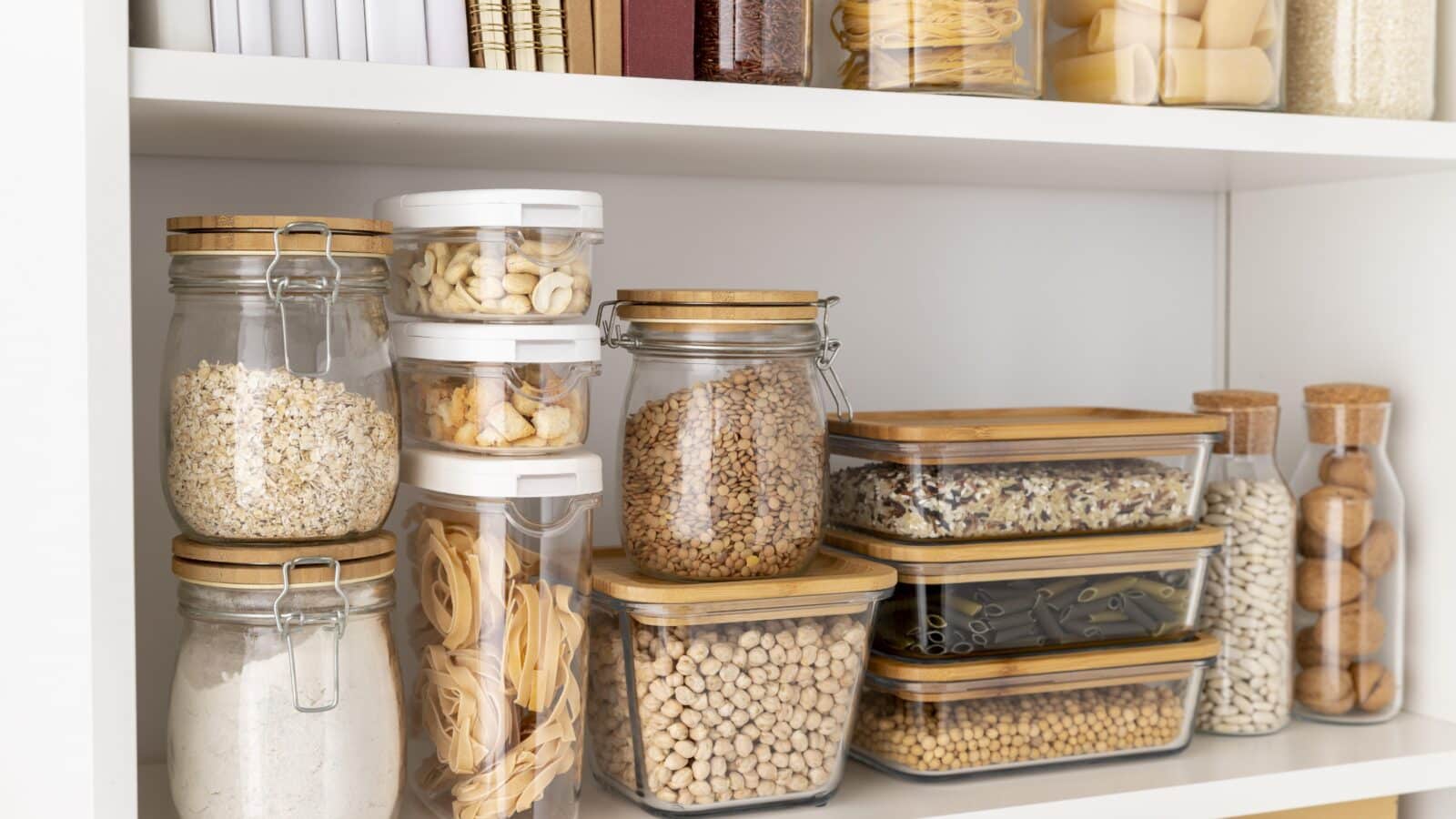 Glass jars and food containers neatly arranged on pantry shelves