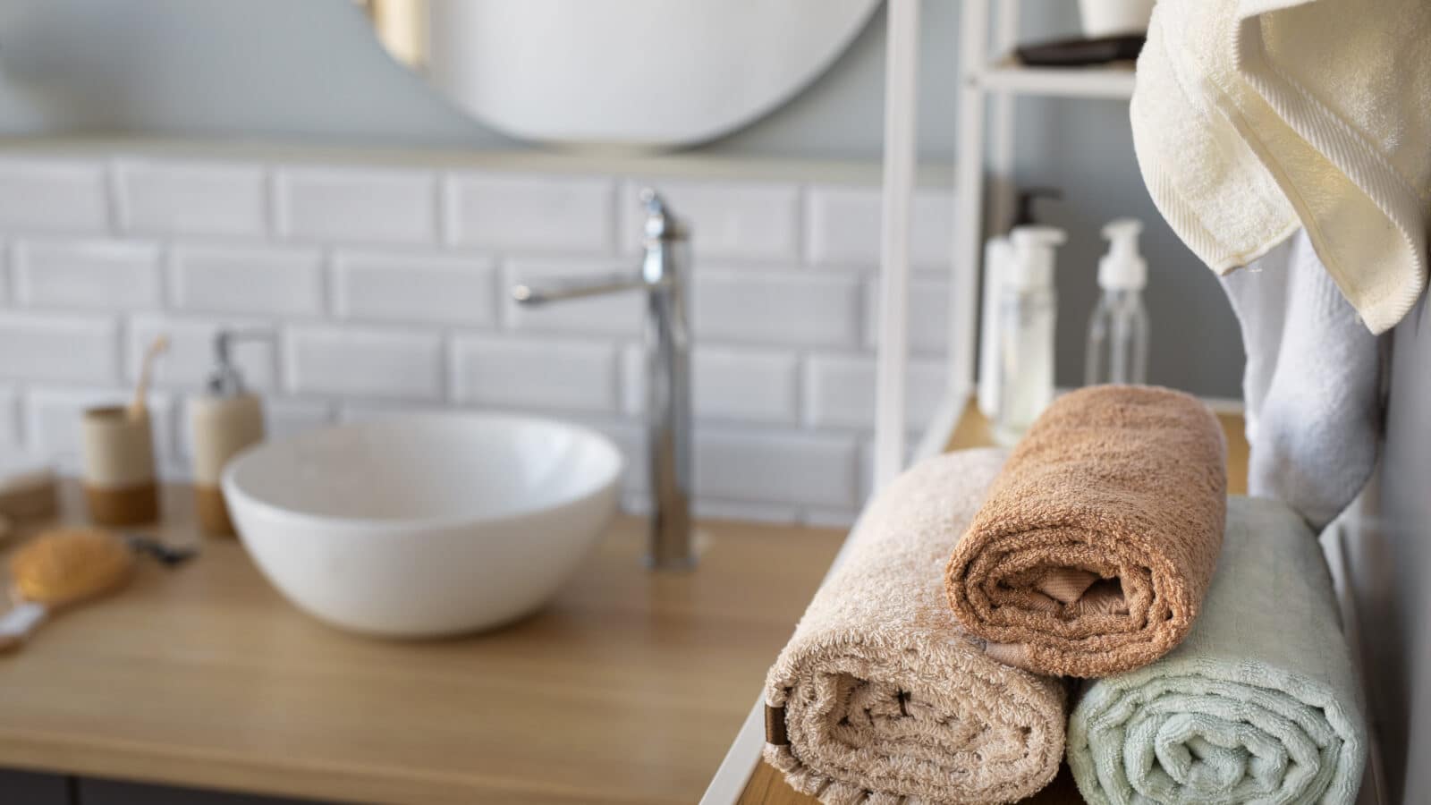 Neatly arranged bath towels stored on open shelving in a bathroom