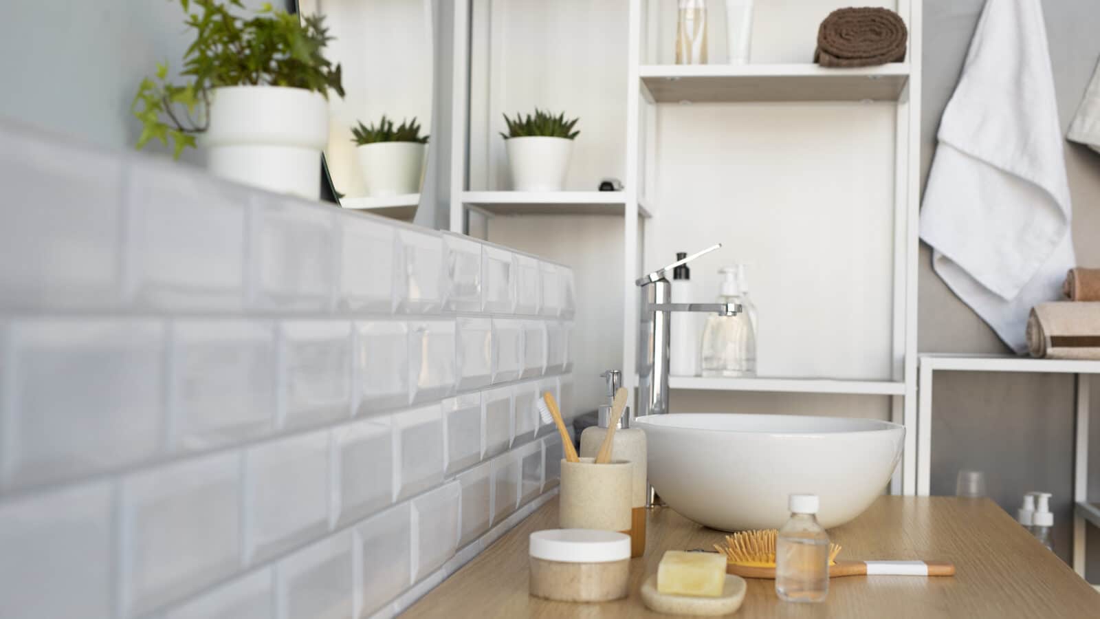 Meuble sous-vasque et étagères avec produits de rangement dans une petite salle de bain