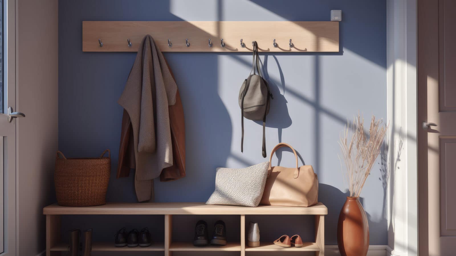 Entrée organisée avec meuble à chaussures et patères pour manteaux