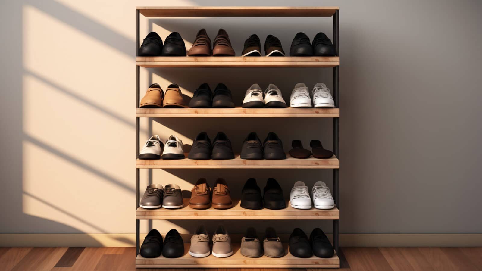 Shoe rack with organized rows of footwear inside a closet