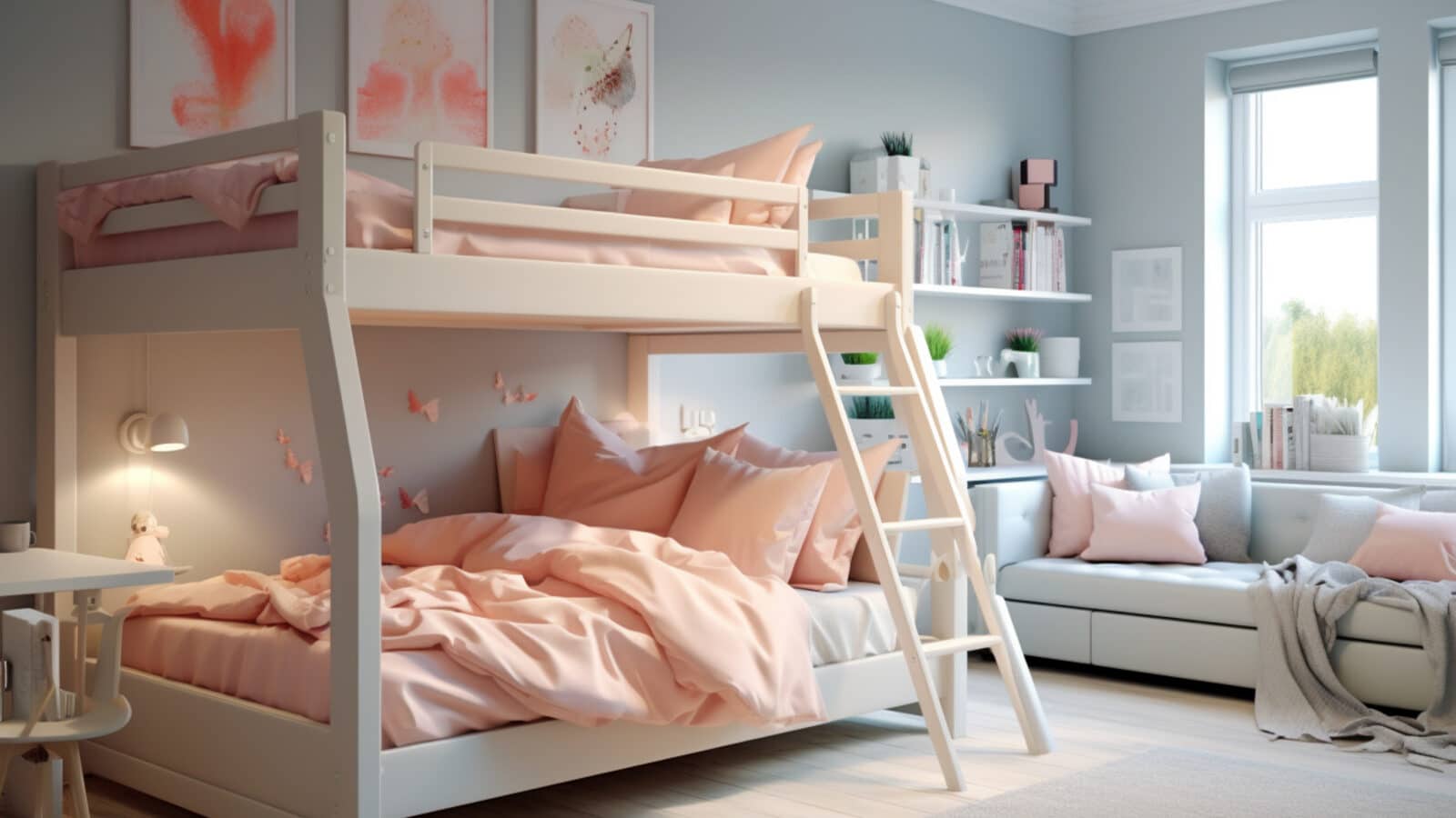 Shared kids bedroom with bunk bed and organized storage zones for two siblings