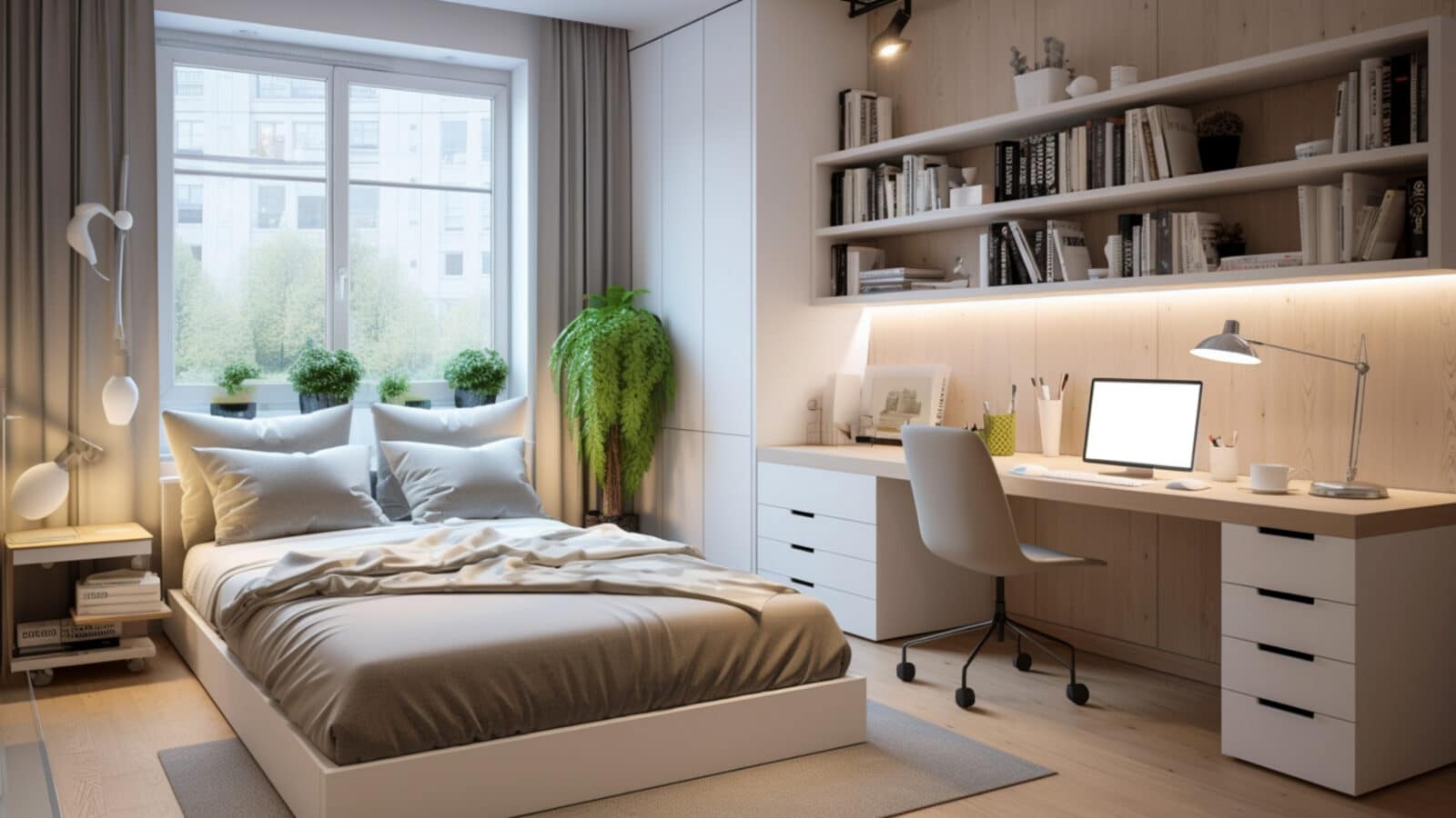Small bedroom arranged with space-saving furniture placement