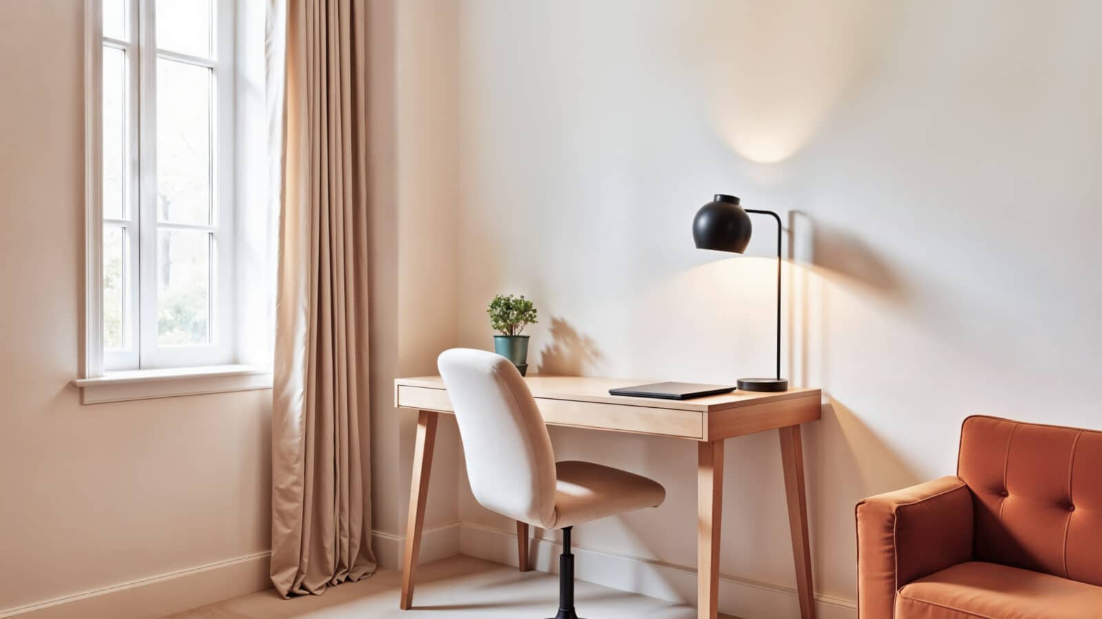 Desk with chair set up in the corner of a shared bedroom, using natural light for a multipurpose home office