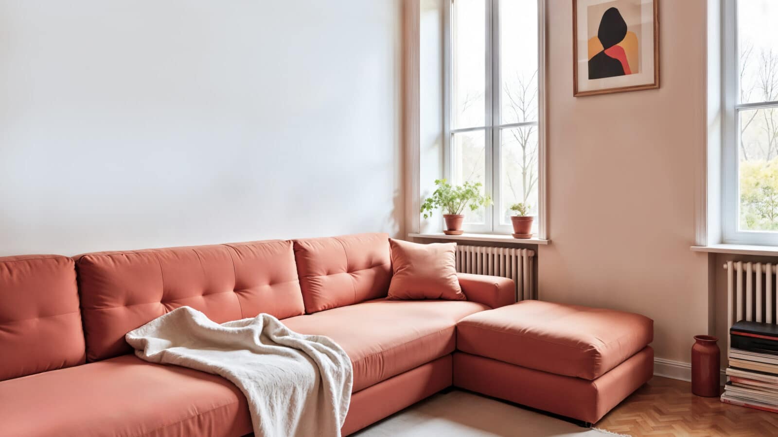 Storage ottoman with tray top used as a coffee table in a cozy living room