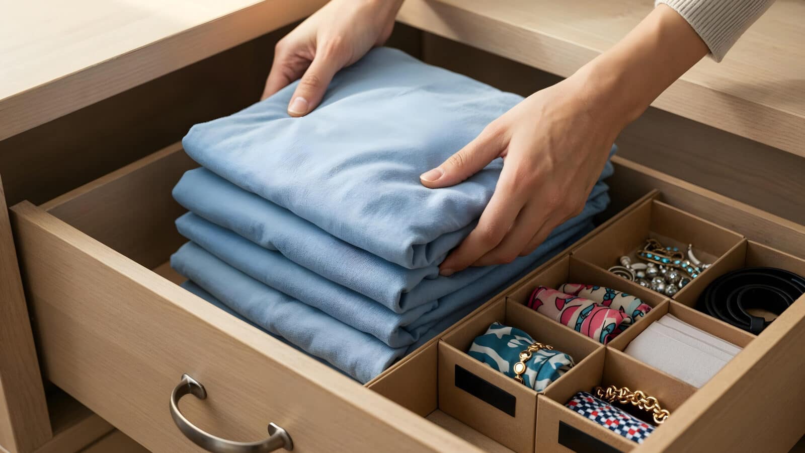 Open dresser drawer with clothes folded and standing upright in organized rows