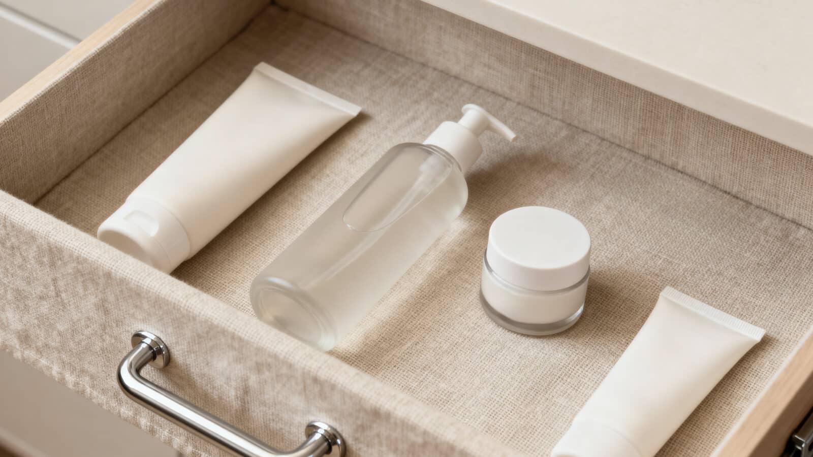 Tiroir de salle de bain rangé avec produits de soin et maquillage organisés