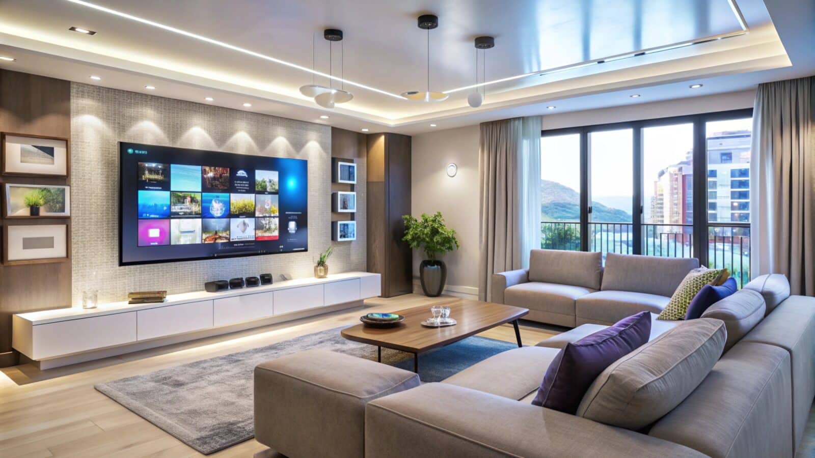 Meuble TV dans un salon moderne avec câbles rangés derrière la télévision