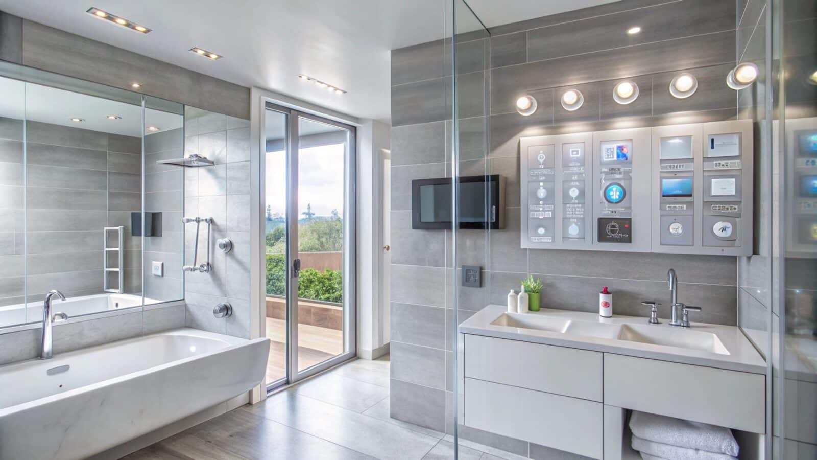 Modern bathroom with a double sink vanity set up for two people sharing the space