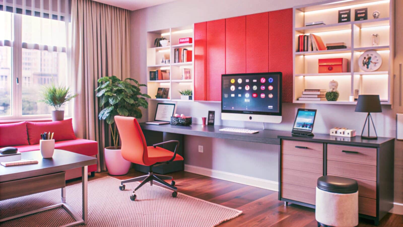 Home office with a clear desk, chair and organized bookshelves