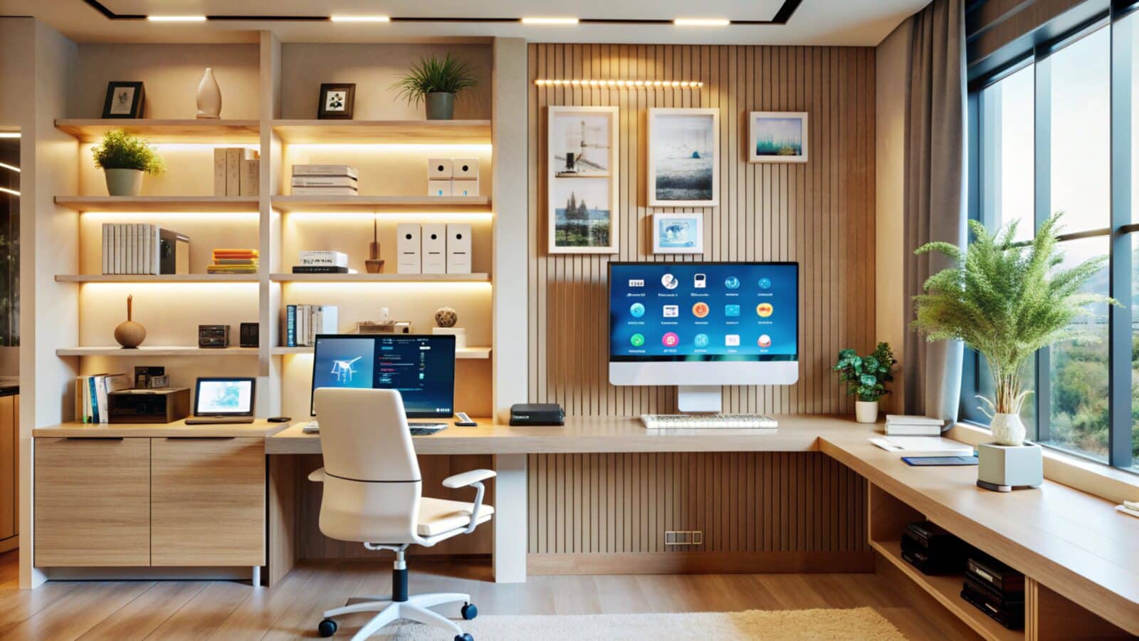 Home office desk with monitor, router, and charging station cables neatly routed and organized