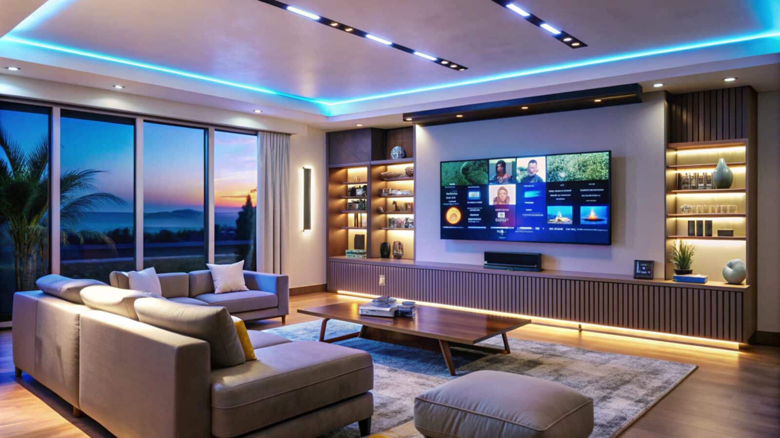 Media console and TV wall with cables organized behind closed cabinet doors