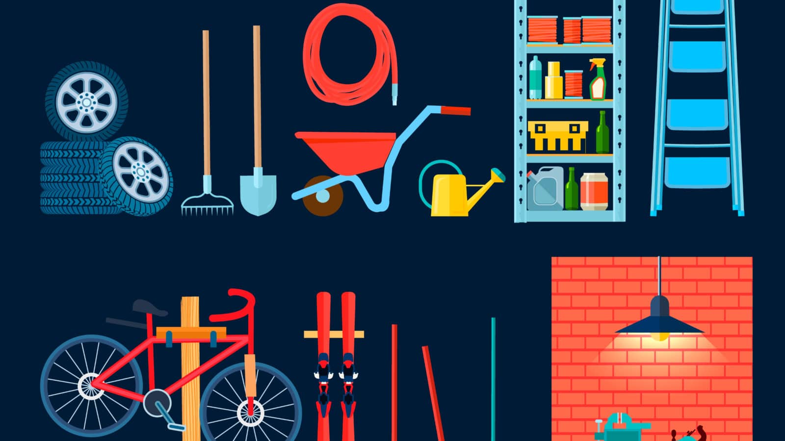 Illustration d'un espace de rangement dans un garage avec outils et équipements organisés