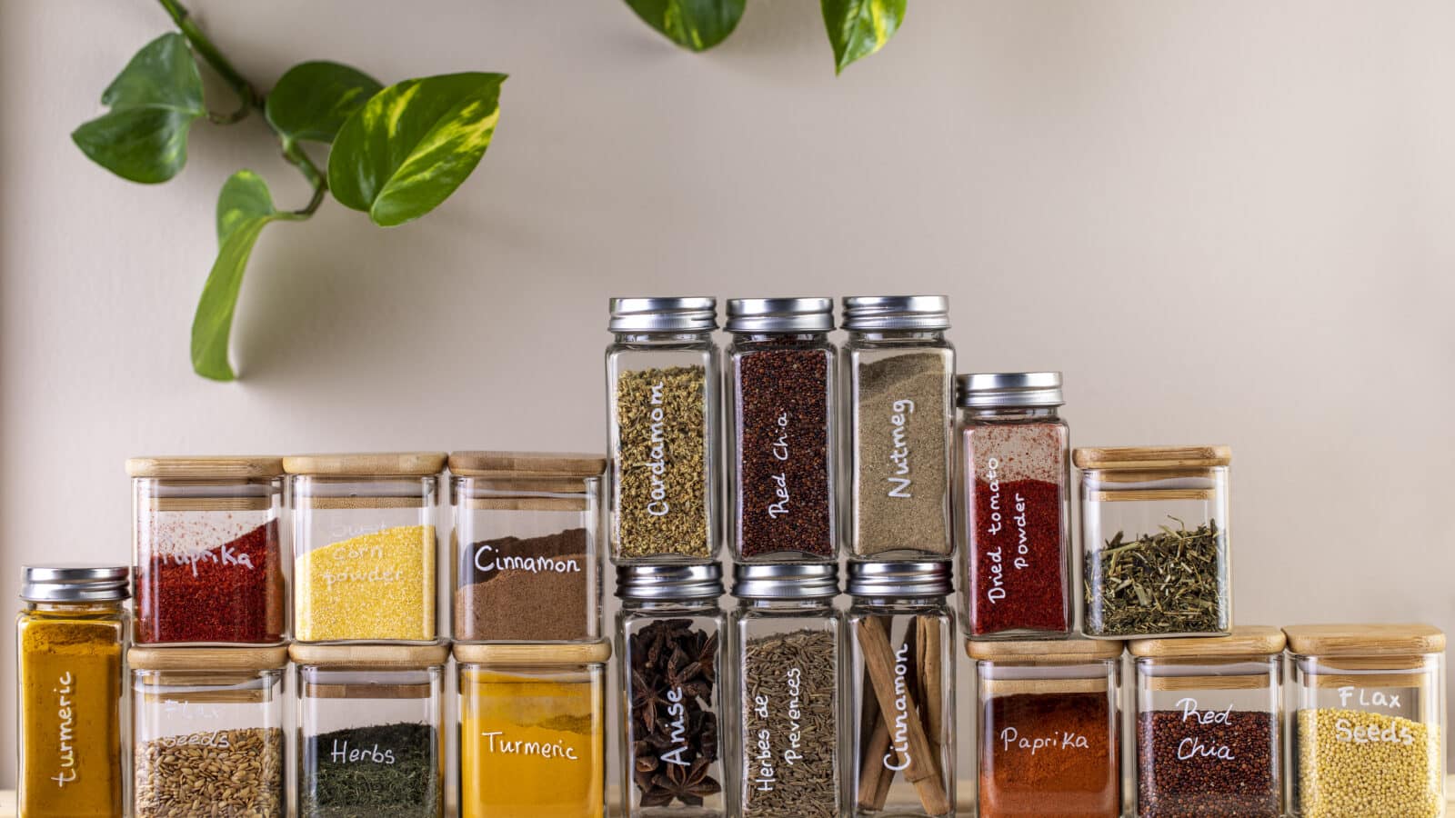 Matching glass spice jars with labeled lids arranged in neat rows in a kitchen drawer
