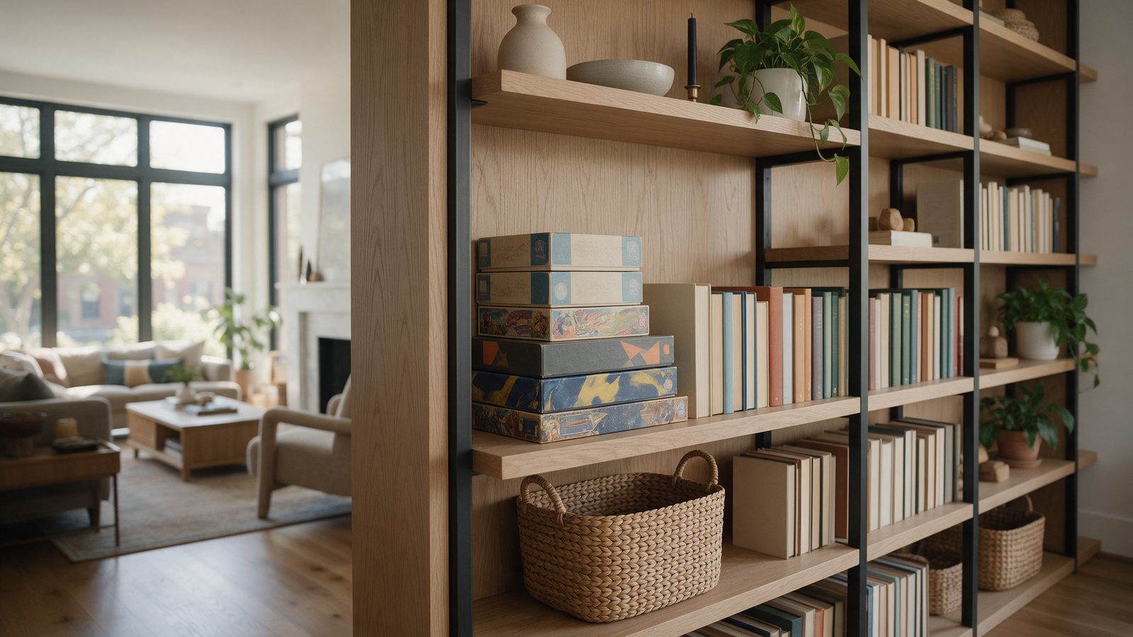 Bibliothèque murale avec jeux de société rangés à hauteur de main et panier de rangement