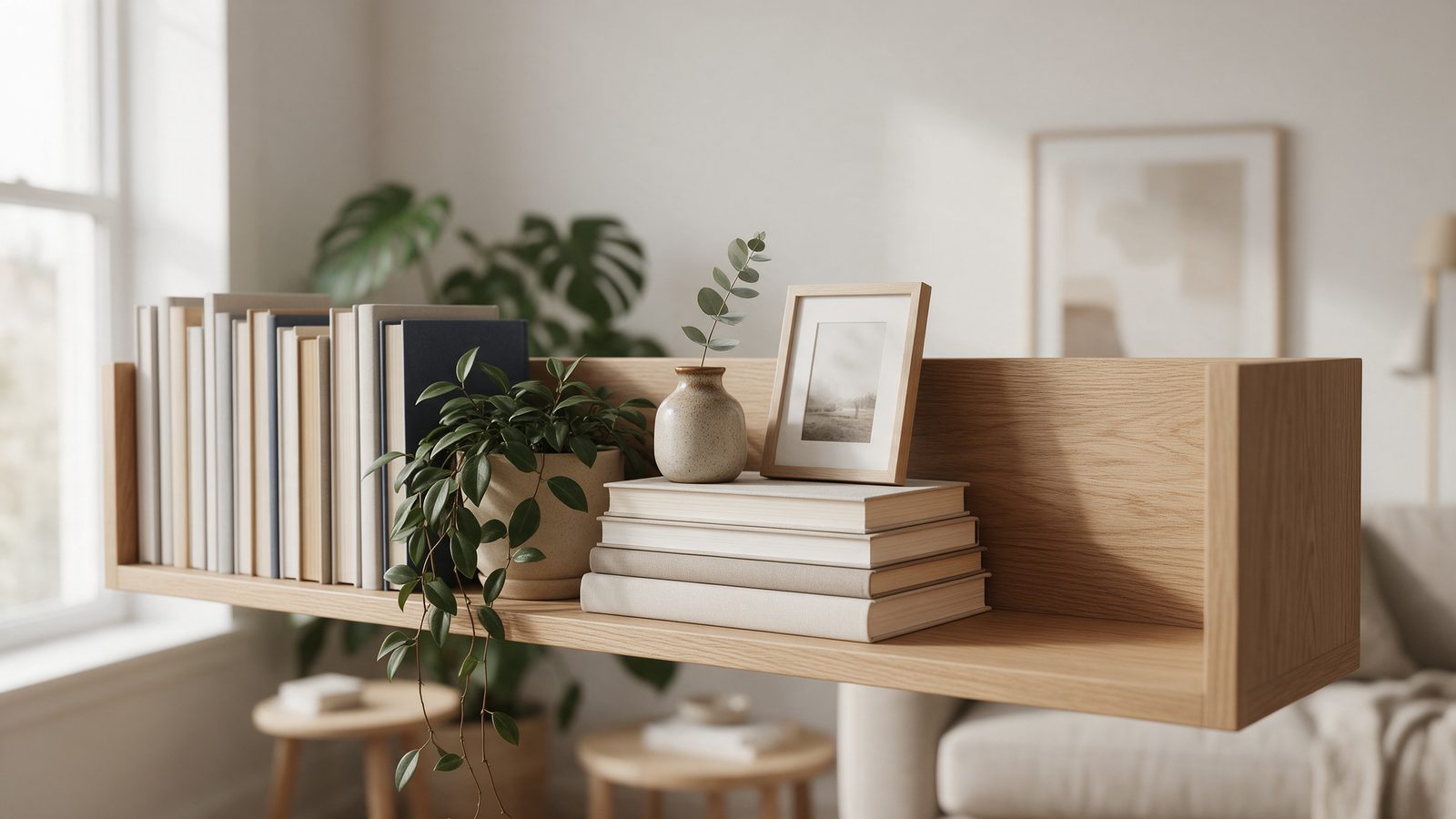 Étagère de bibliothèque de salon mêlant livres rangés et objets décoratifs selon le ratio 60/40