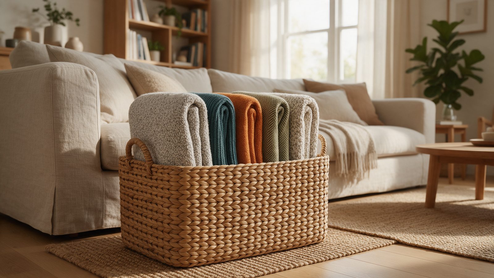 Folded throw blankets standing upright on their folded edges in a woven basket beside a sofa