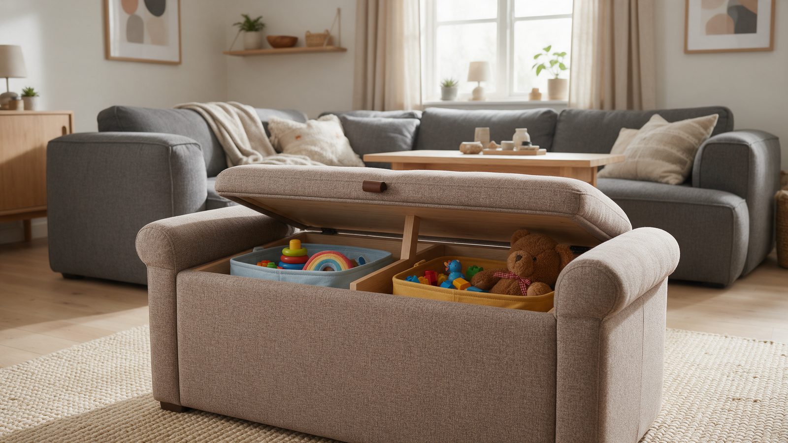 Coffre de rangement ouvert avec bacs à jouets bien rangés au pied du canapé du salon