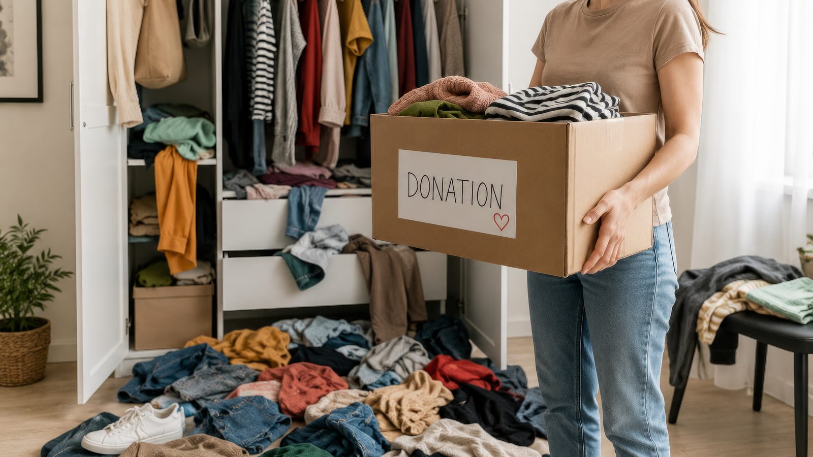 Person holding a donation box in front of an overflowing wardrobe while decluttering