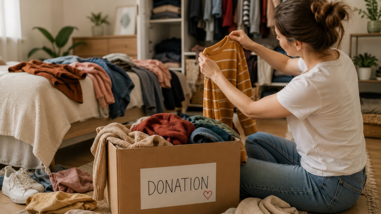 Person holding a donation box in front of an overflowing closet full of clothes to declutter