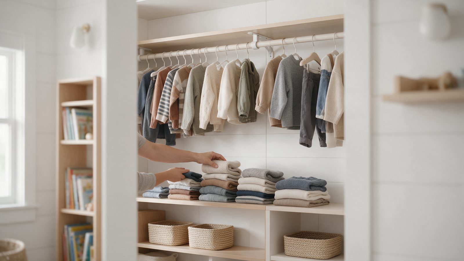 Tri des vêtements d'enfant par taille devant un dressing avec penderie réglable et paniers bas