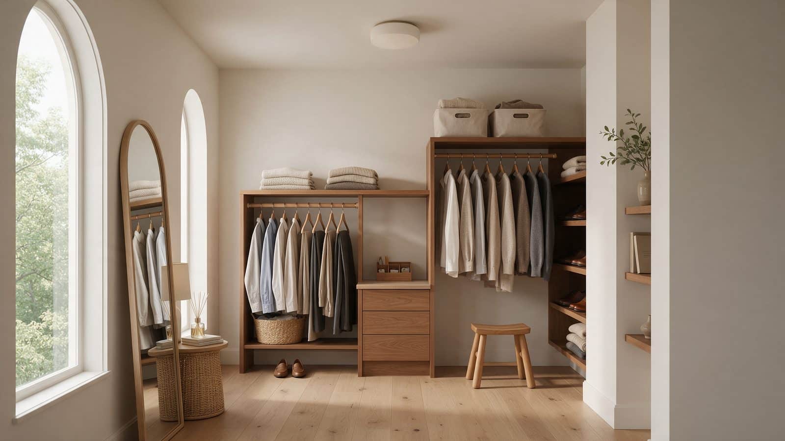 Deux tringles de dressing installées à des hauteurs différentes avec vêtements bien rangés et marchepied pour l'étagère du haut