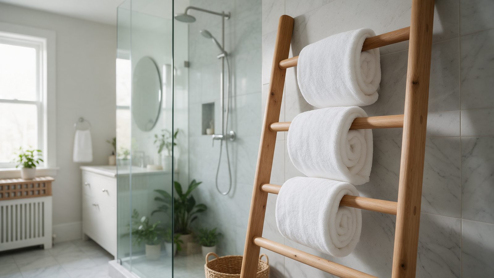 Échelle en bois avec serviettes roulées suspendues pour sécher dans une salle de bain