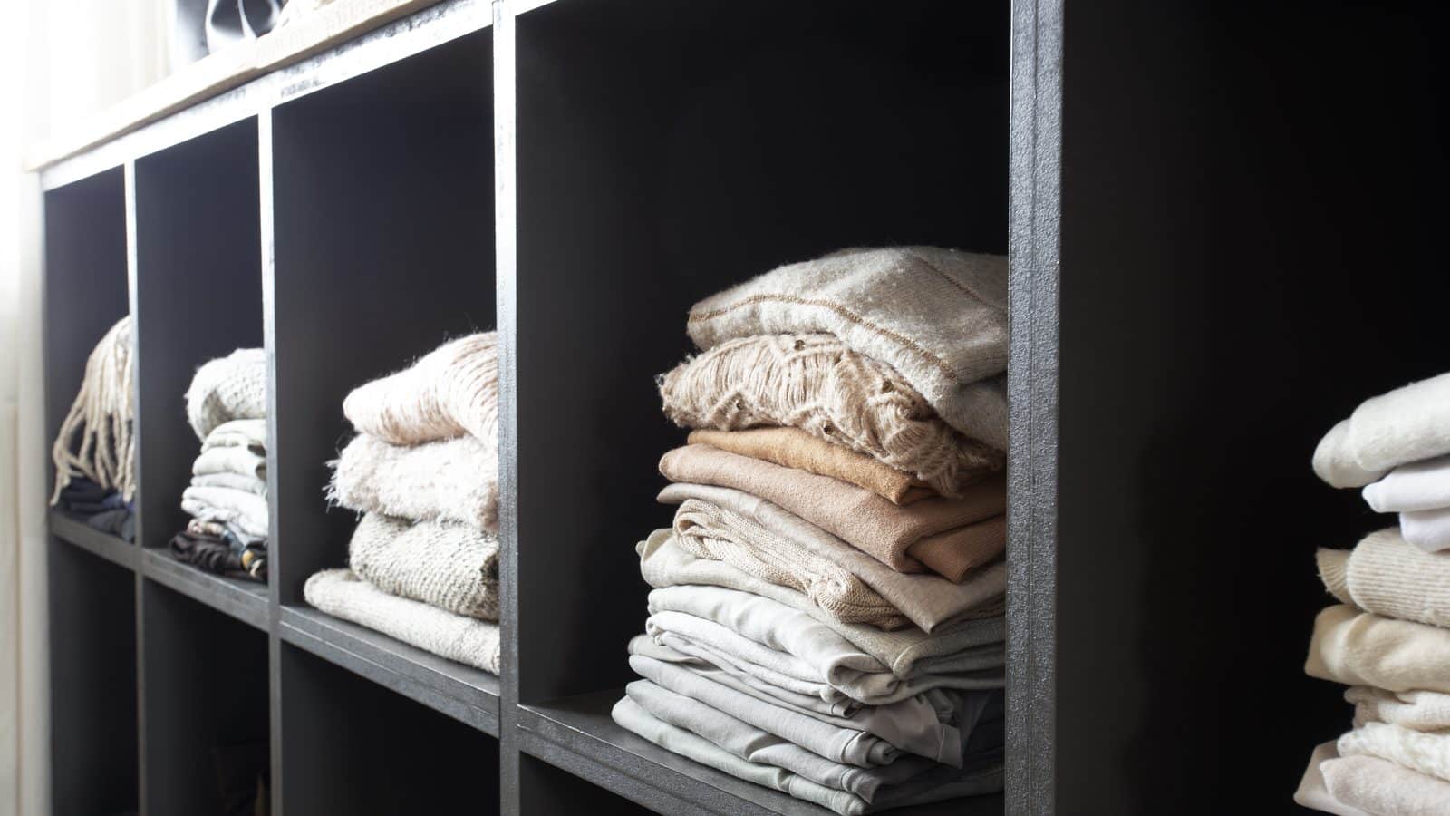 Low slanted shoe rack with a few pairs of shoes beside a rubber boot tray near an entryway closet