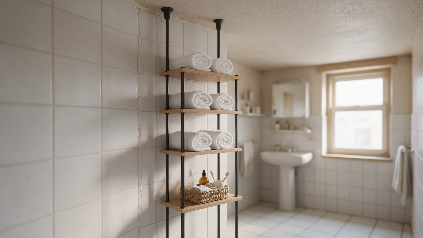 Étagère à tension installée dans un angle de petite salle de bain, sans perçage, avec serviettes roulées et panier de rangement