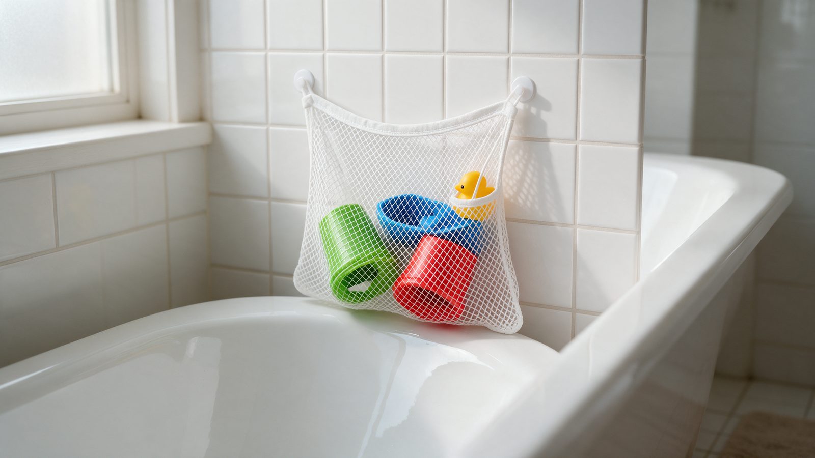 Filet à mailles larges pour jouets de bain suspendu au-dessus de la baignoire, avec quelques jouets rangés à l'intérieur