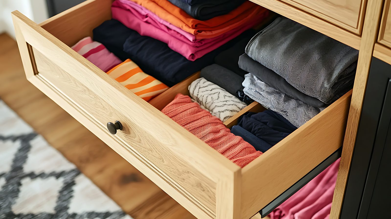 Folded sweaters stacked neatly inside an open wooden dresser drawer