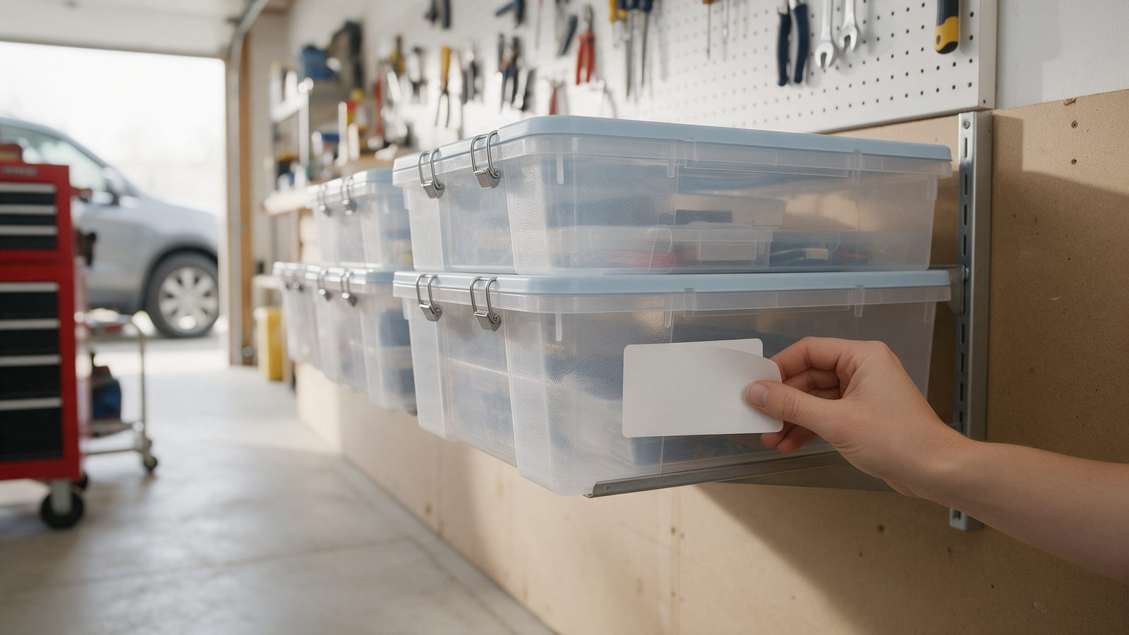 Étiquetage d'un bac de rangement en plastique sur une étagère murale de garage