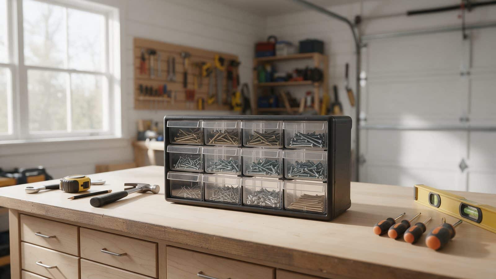 Small parts organizer with labeled compartments for sorted screws, nails, and wall anchors on a garage workbench