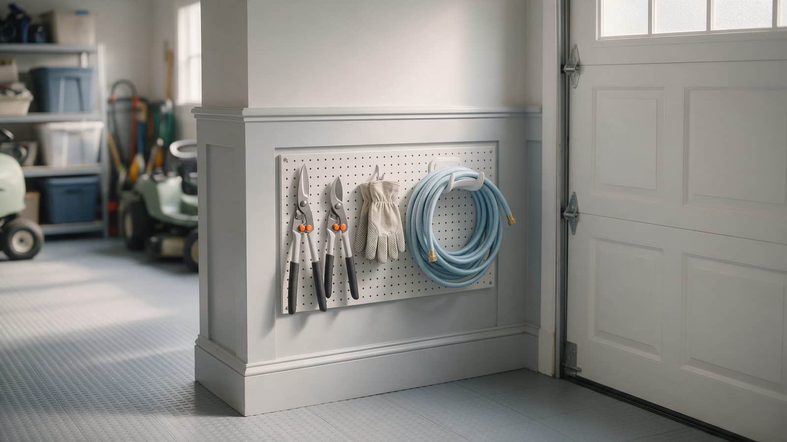 Coin de garage rangé avec crochets à outils de jardin et bacs de rangement saisonniers empilés sur une étagère.
