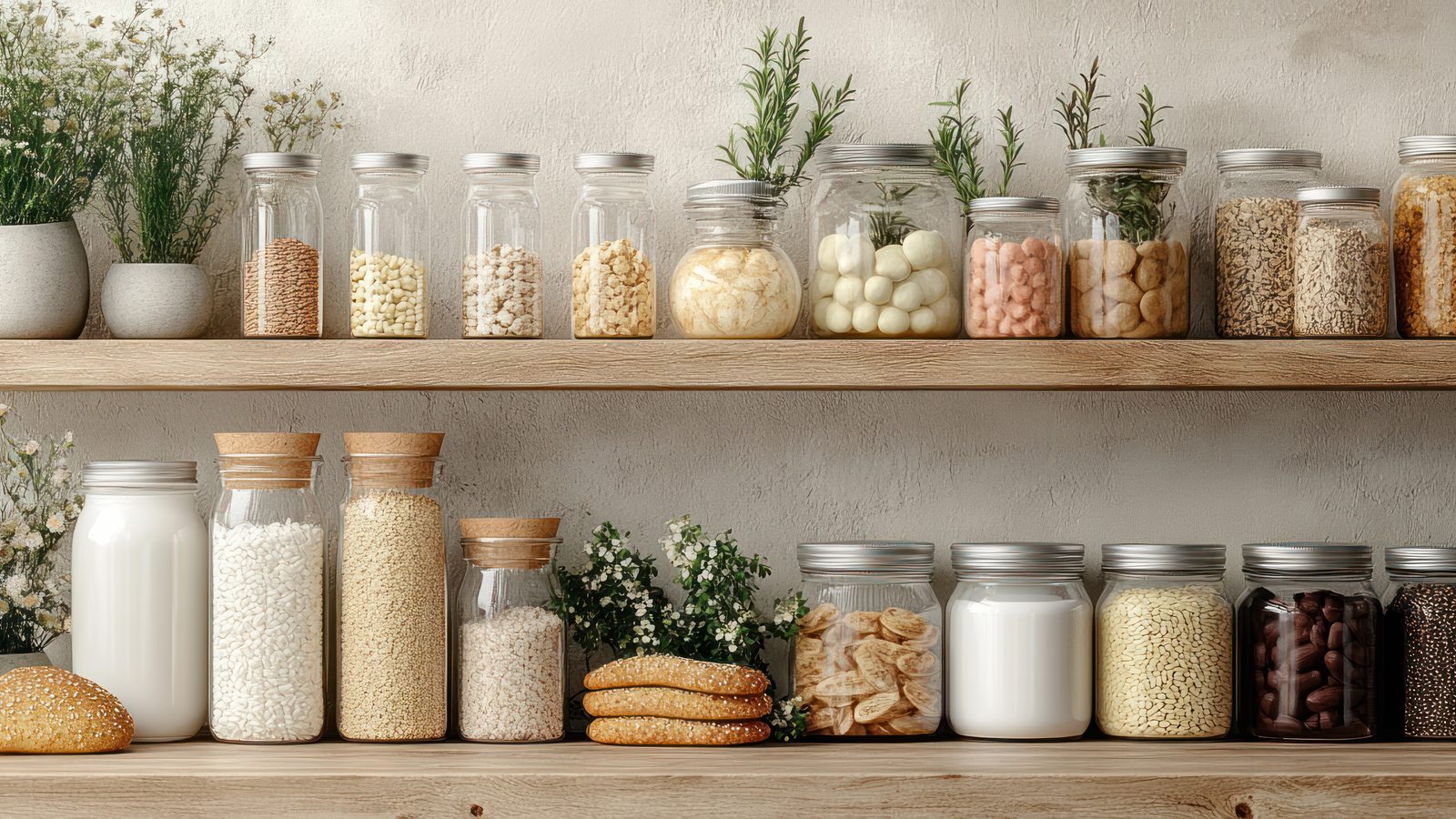 Garde-manger organisé avec des bocaux en verre étiquetés sur des étagères en bois