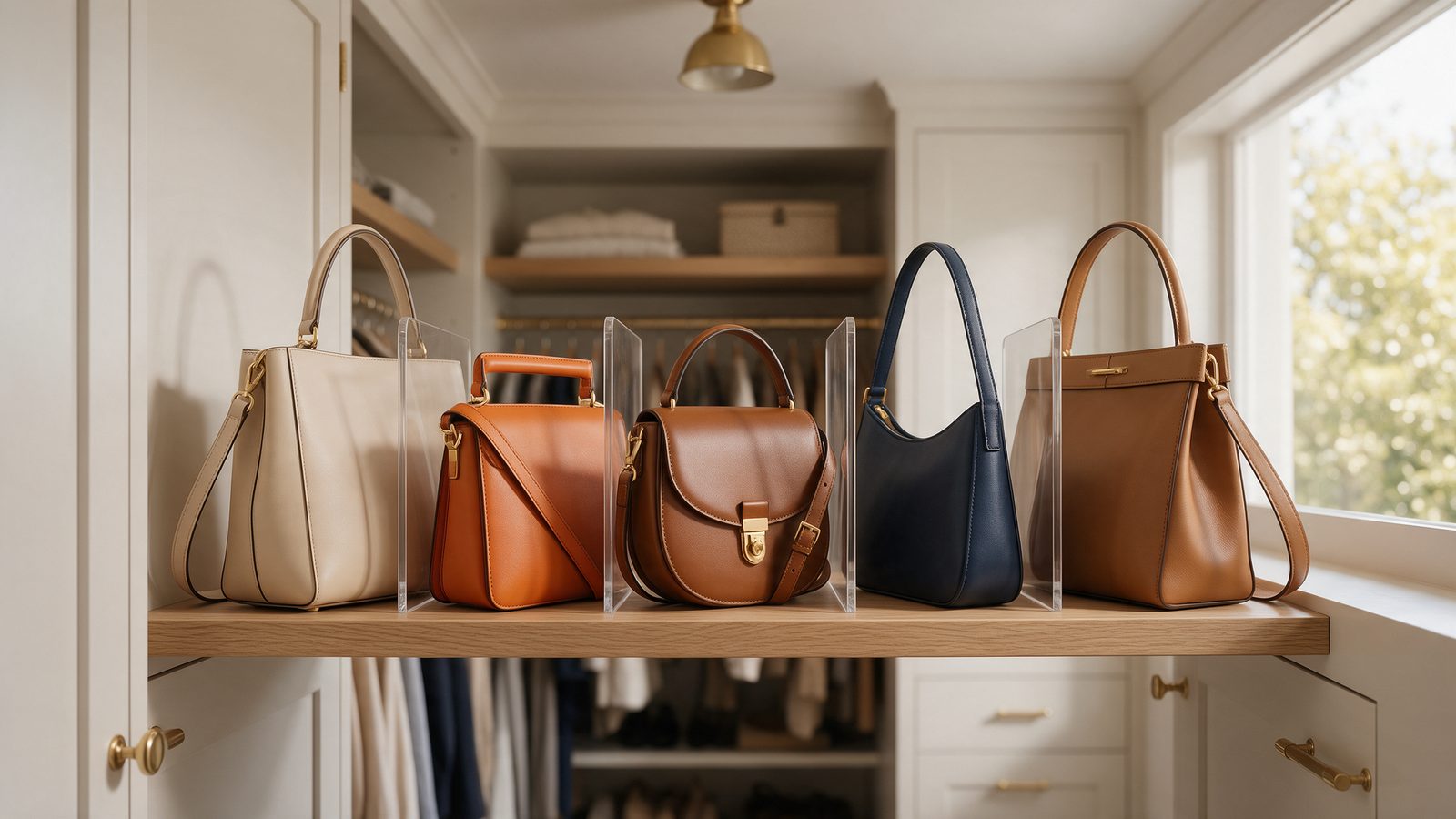 Structured handbags stored upright on a closet shelf, separated by clear acrylic dividers, fronts facing out