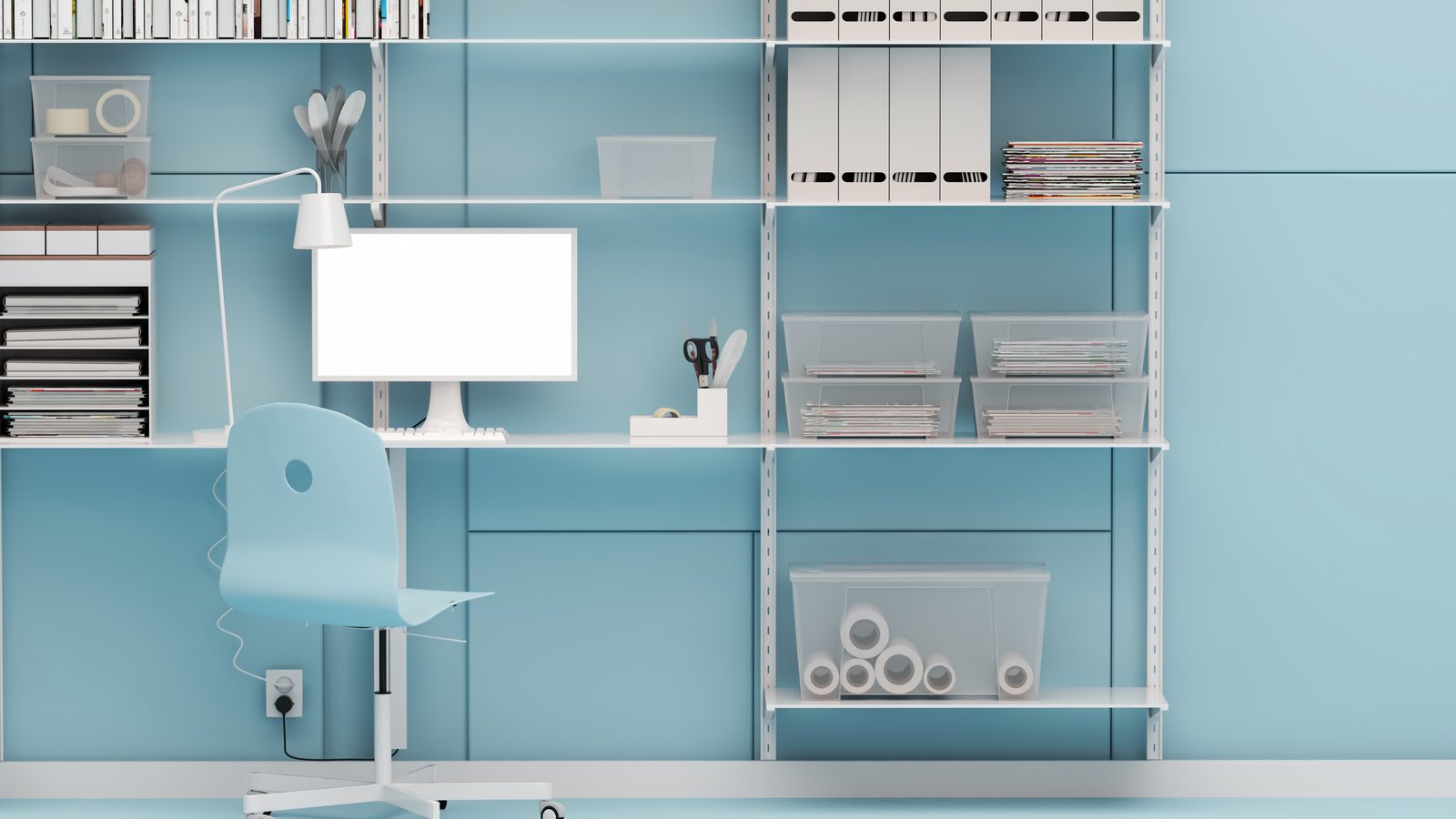 Modern home office workspace with a blue accent wall and minimalist floating shelves above a tidy desk
