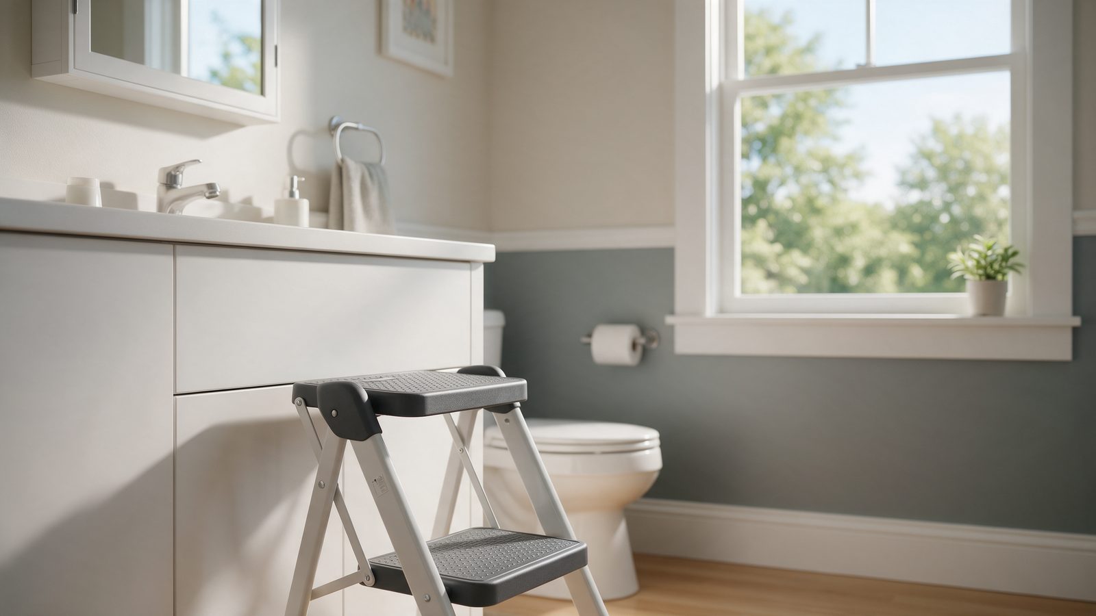 Two-tier folding step stool tucked against a bathroom vanity for a child to reach the sink
