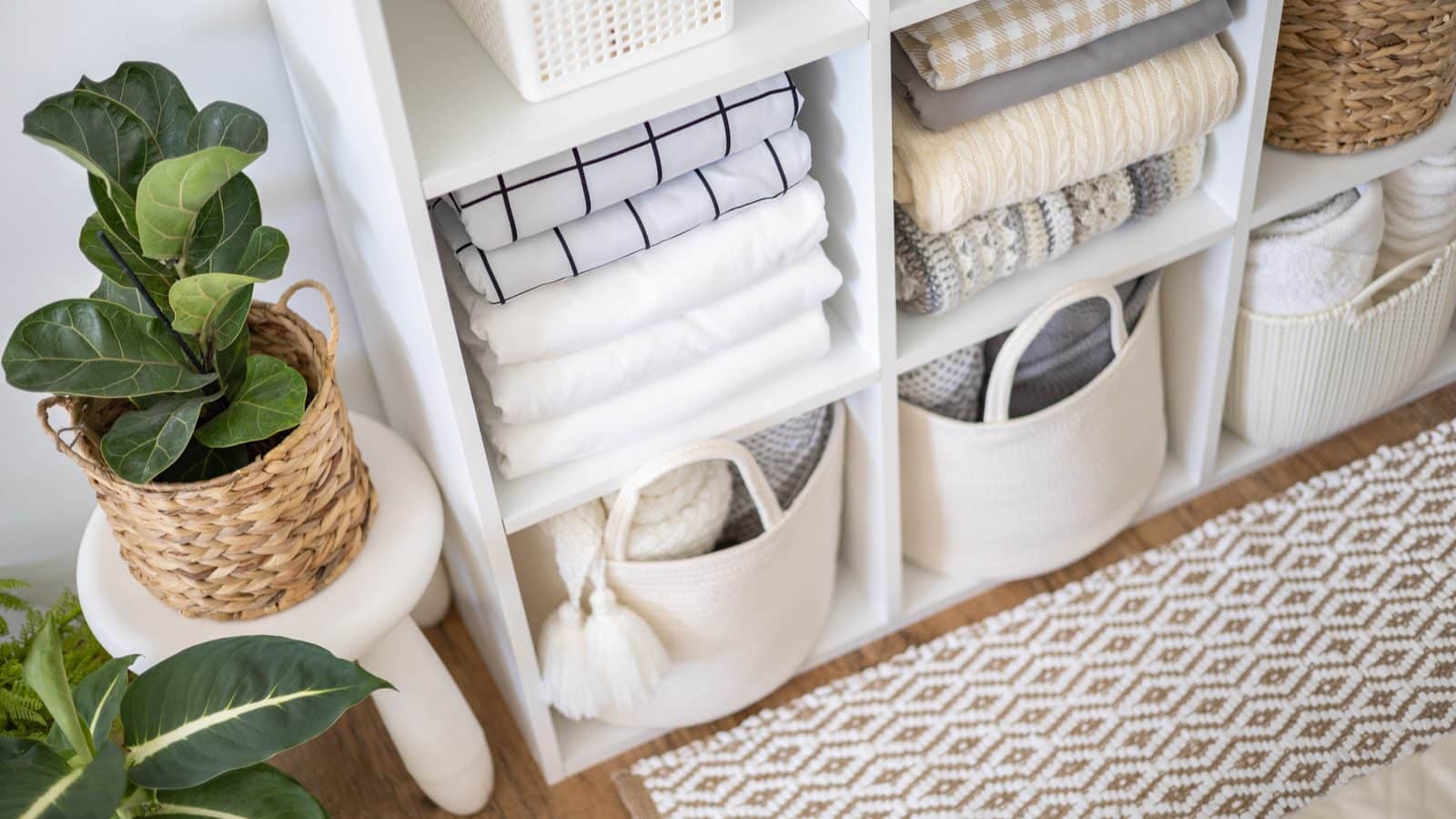 Labeled bins with folded kids clothes on a low closet shelf, easy for a child to use