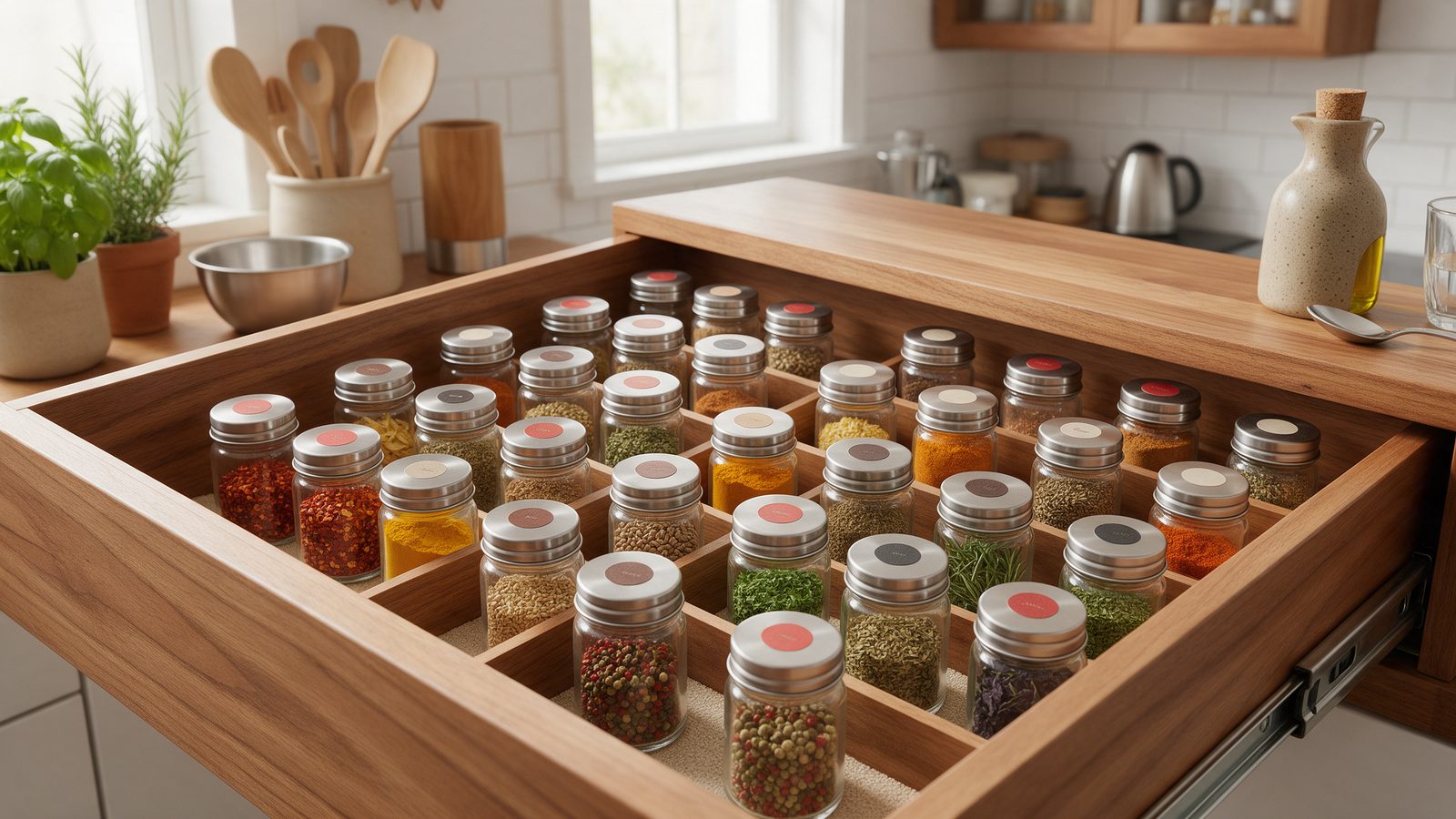 Open kitchen drawer with spice jars labeled on the lids, arranged in neat rows