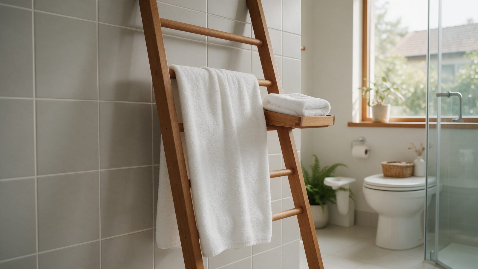 Wooden ladder towel rack with a bath towel draped open to air-dry beside a folded spare towel