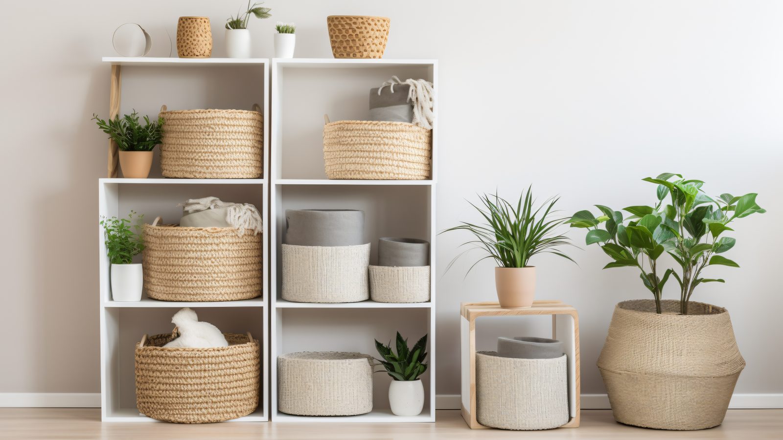 White shelving unit with woven seagrass baskets used for tidy living room toy storage