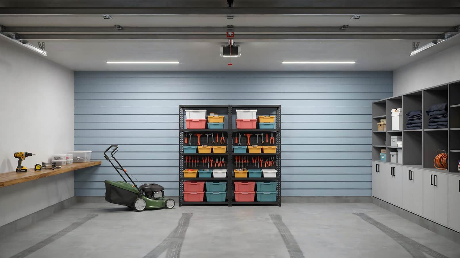 Organized garage interior with wall-mounted shelving and a lawnmower stored neatly along the wall