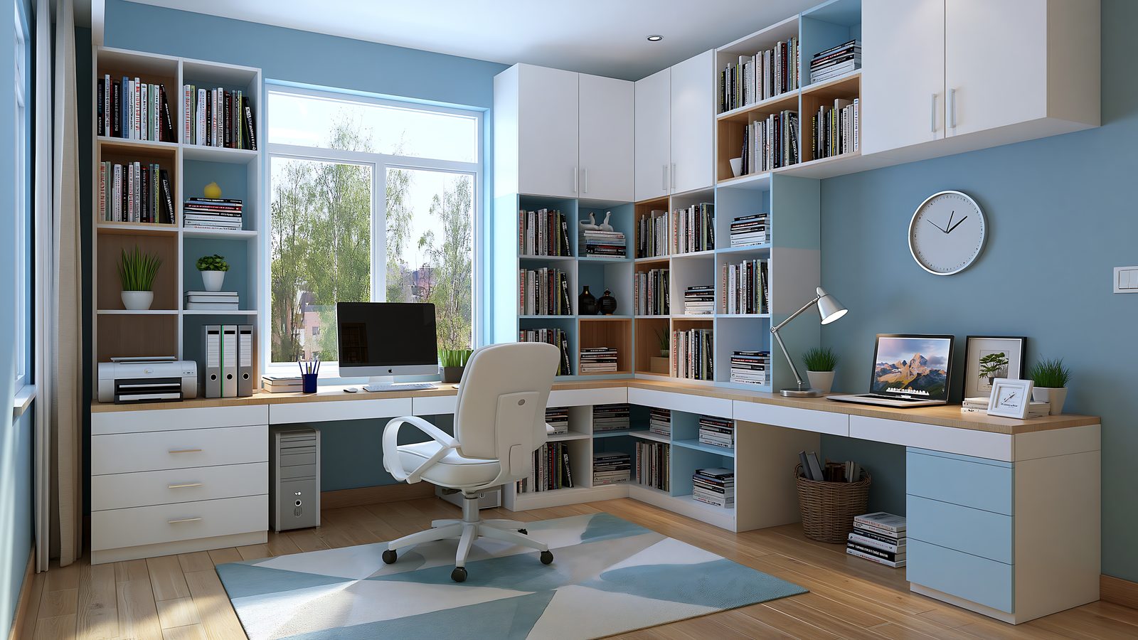 Organized home office desk with bookshelves and a clear, clutter-free workspace