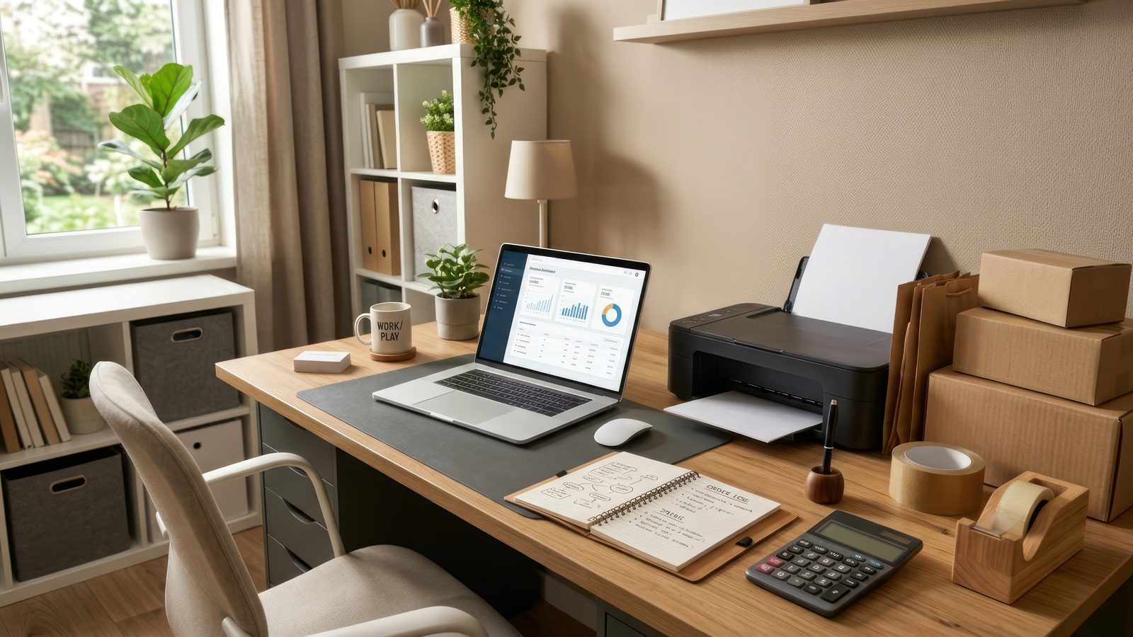 Organized home office desk with laptop, printer, and neatly arranged paperwork