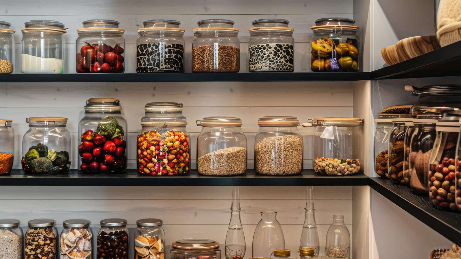 Neatly organized kitchen pantry shelves with labeled food containers and jars