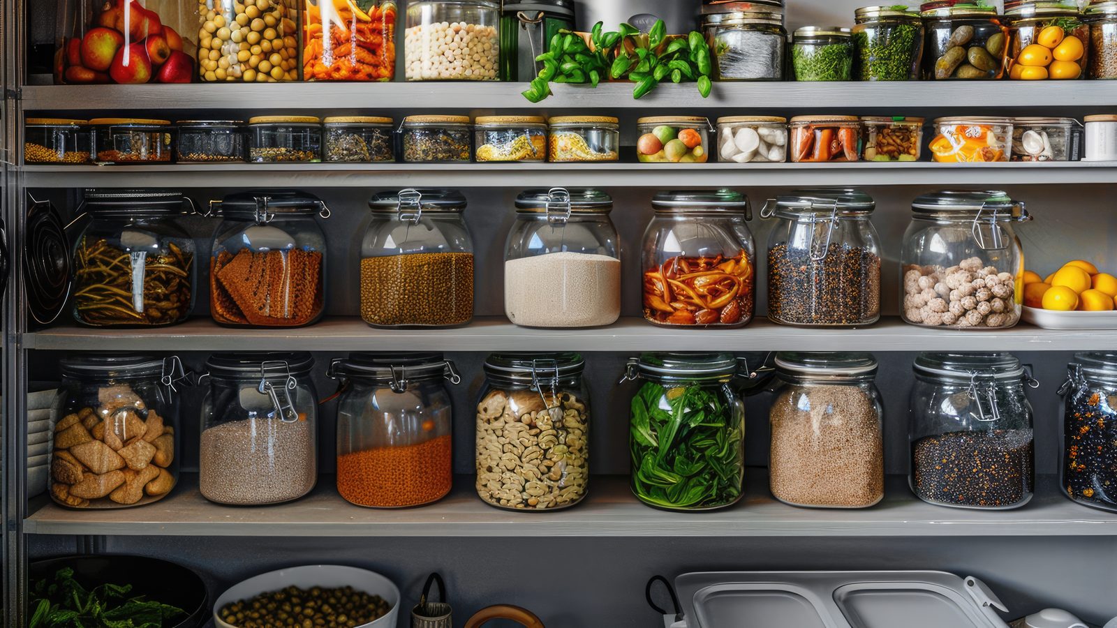 Neatly organized kitchen pantry shelves stocked with labeled food containers