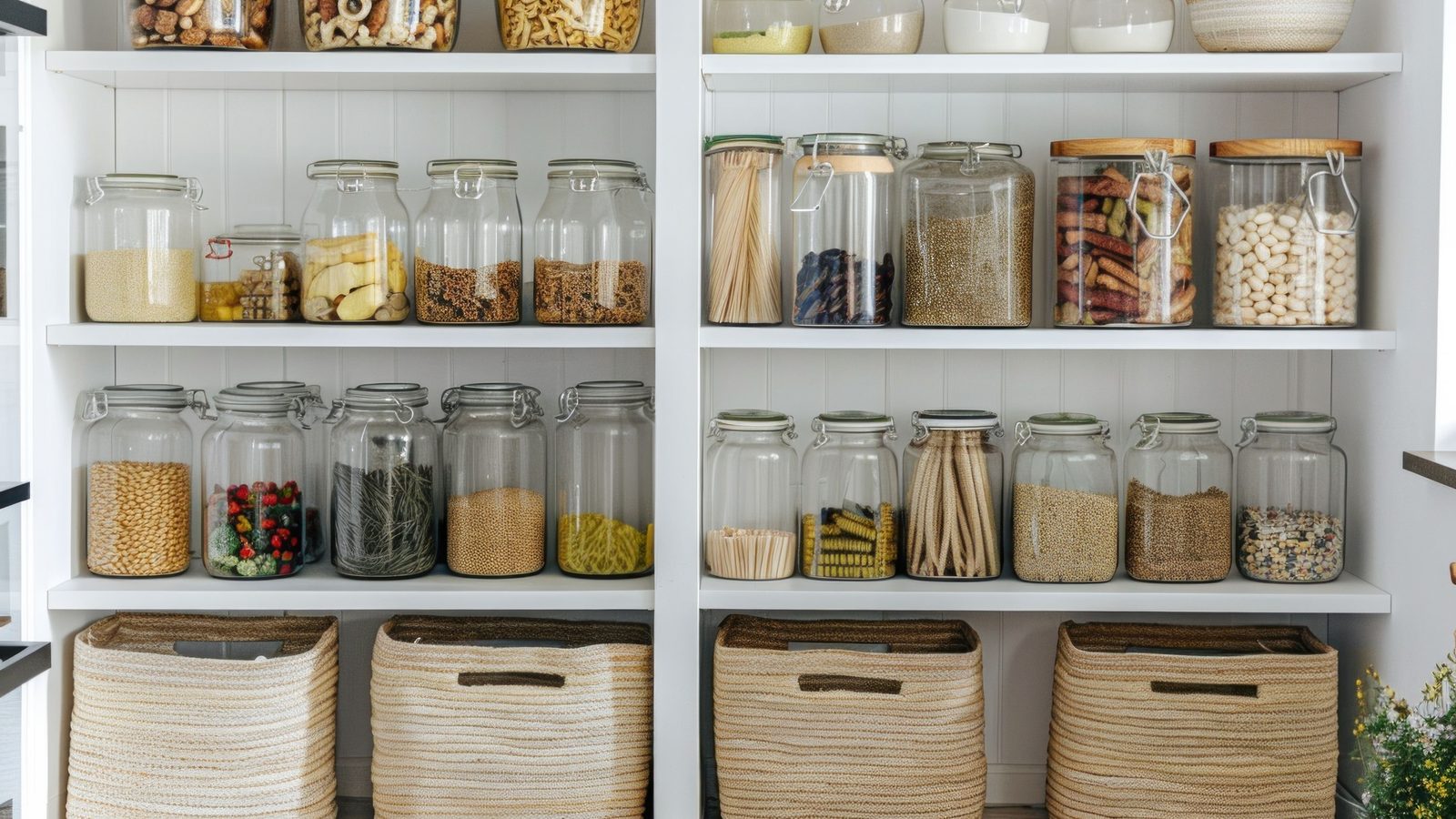 Organized pantry shelf lined with matching glass jars and labeled containers for kitchen storage