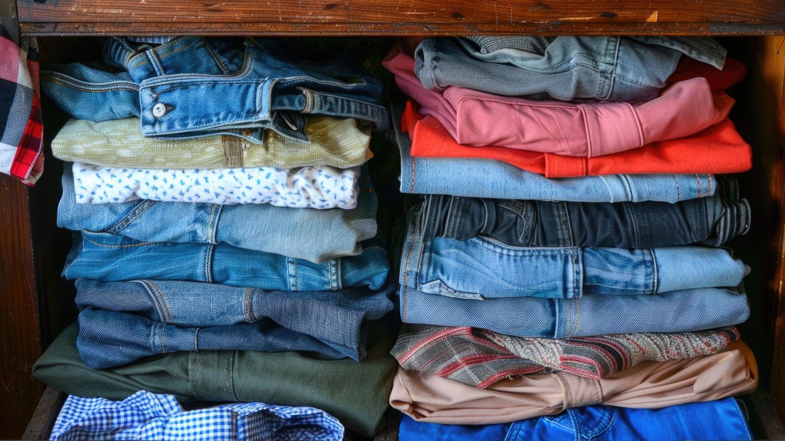 Organized wardrobe drawer with neatly folded clothing standing upright in rows