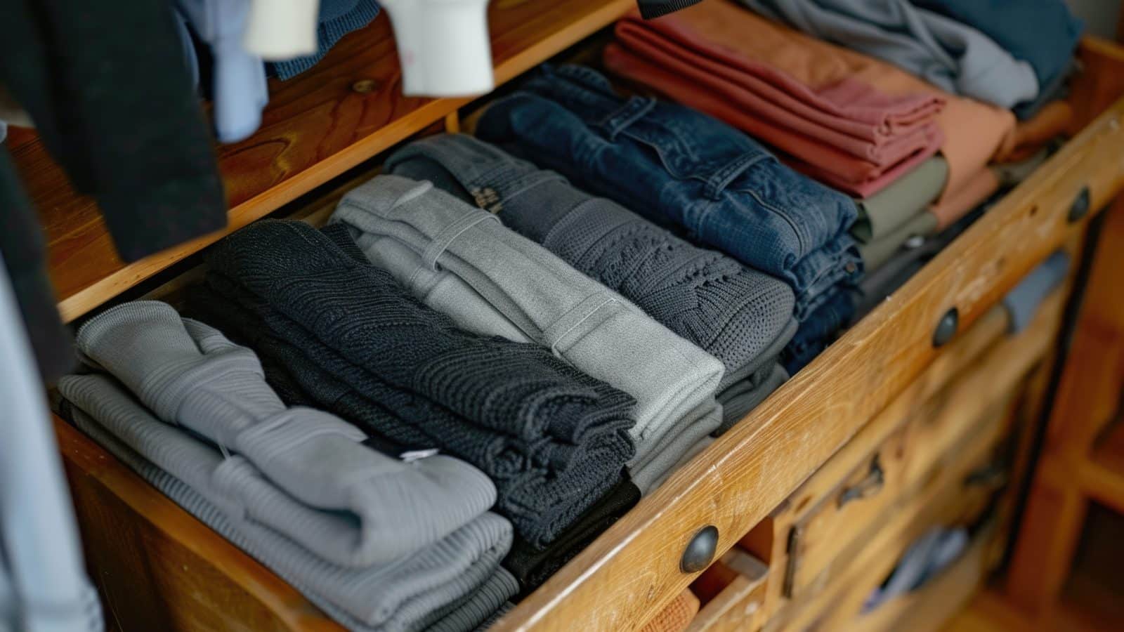 Organized wardrobe drawer with neatly folded clothing and jeans
